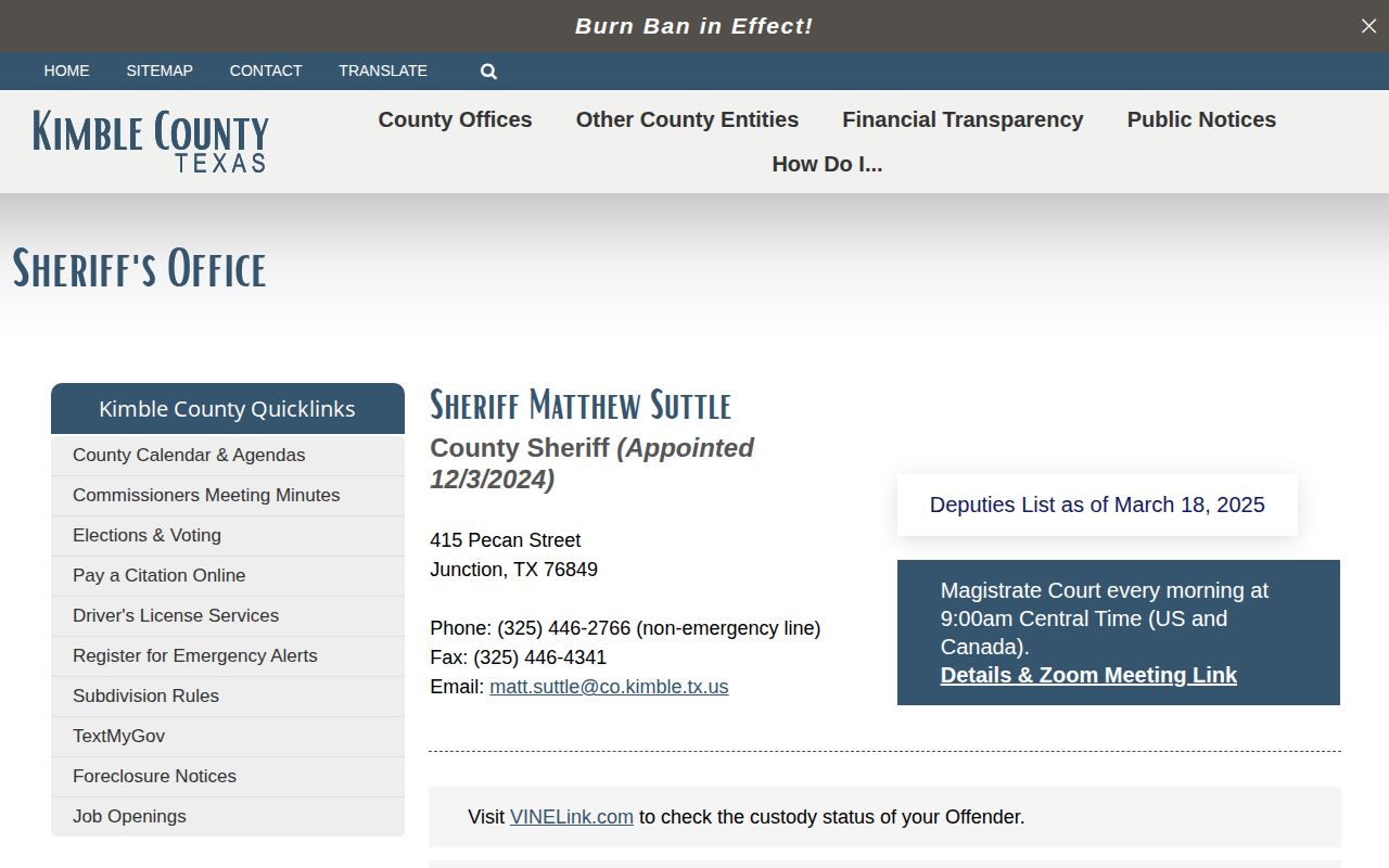 Kimble County Sheriff custody and booking record contact page